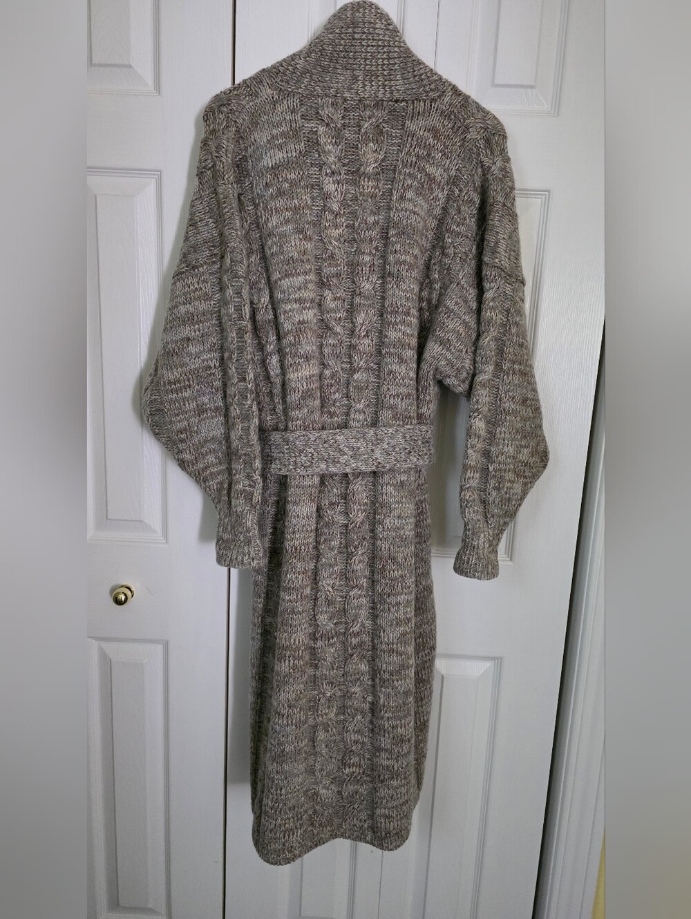 Mohair Wool Blend Belted Long Taupy- Beige Cable Knit Cardigan L-XL - Picture 11 of 13